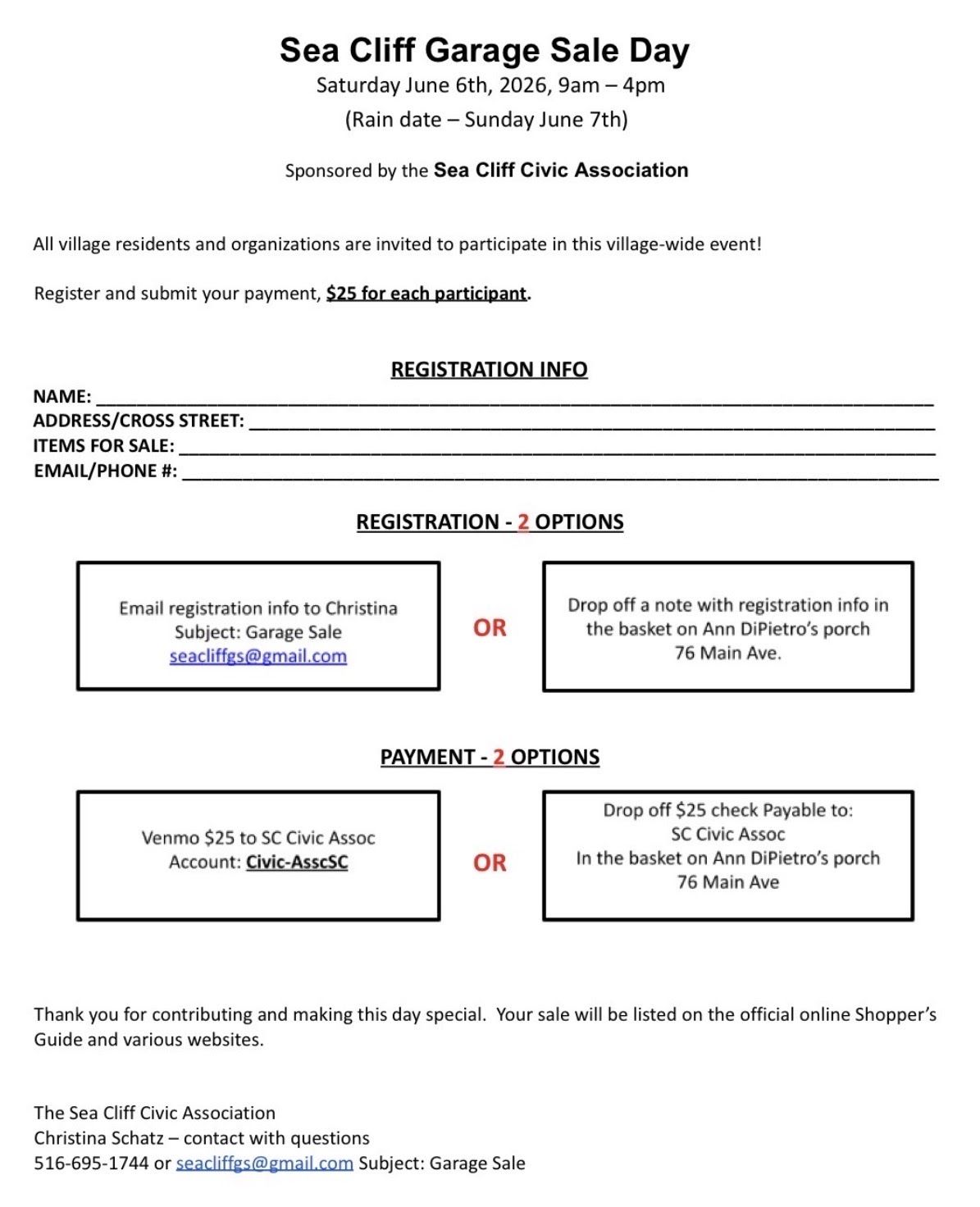Sea Cliff Garage Sale Day registration flyer with registration and payment options