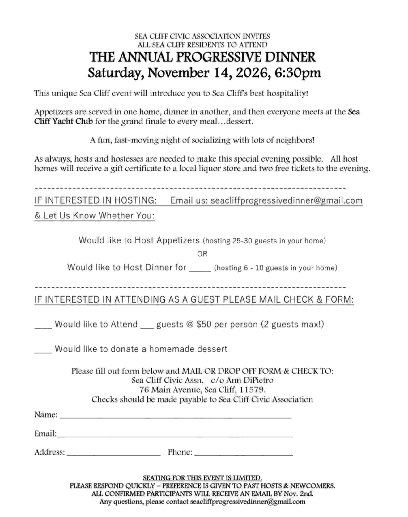 2026 Progressive Dinner flyer and sign-up form: Saturday, November 14, 2026, 6:30pm, with hosting and guest options and the mailing address